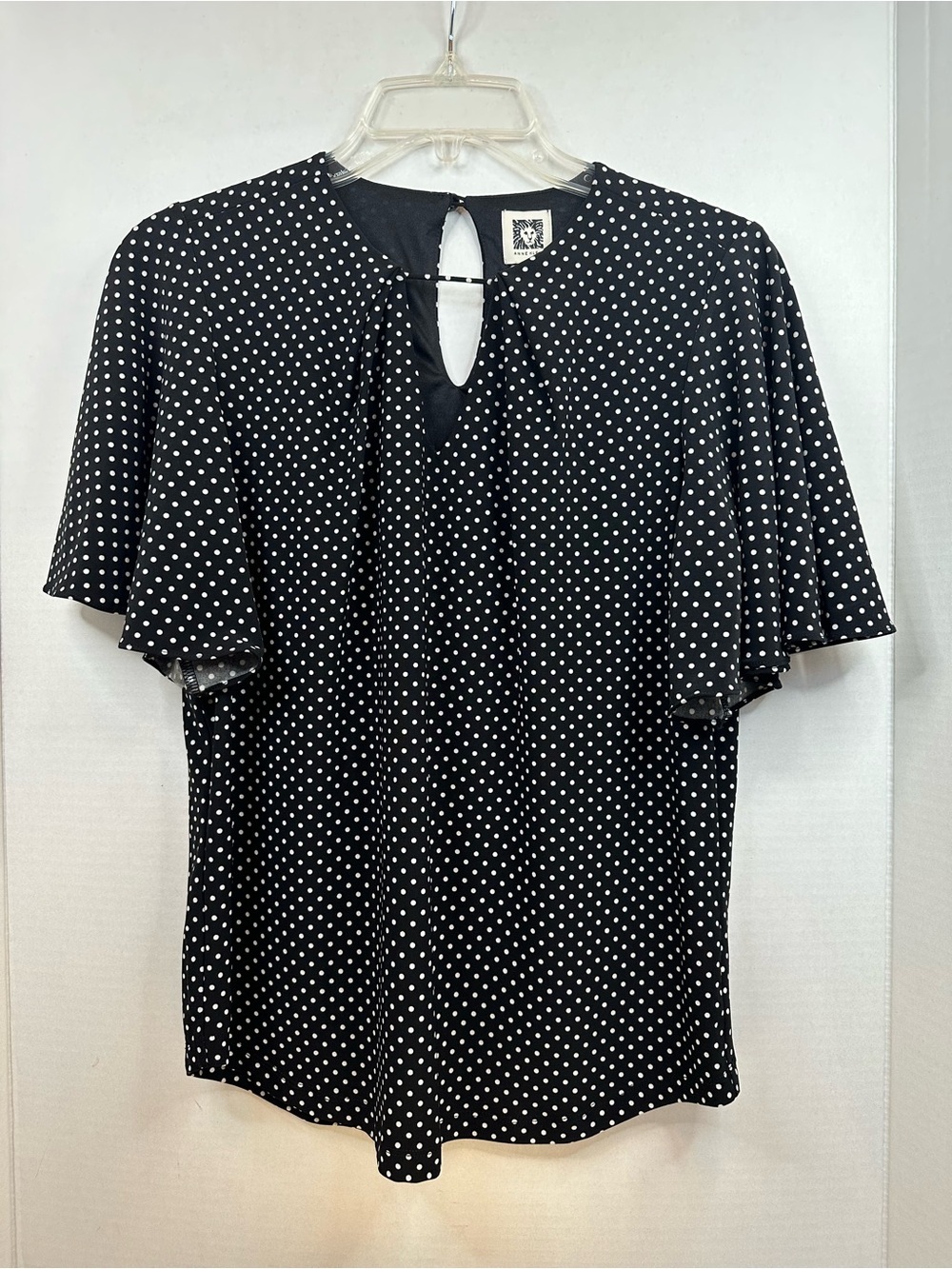 Anne Klein Black and White Polka Dot Keyhole Flutter Sleeve Blouse, NWT